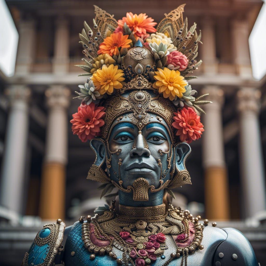 Robotic Mahabali King with Metallic Skin and Flower Crown