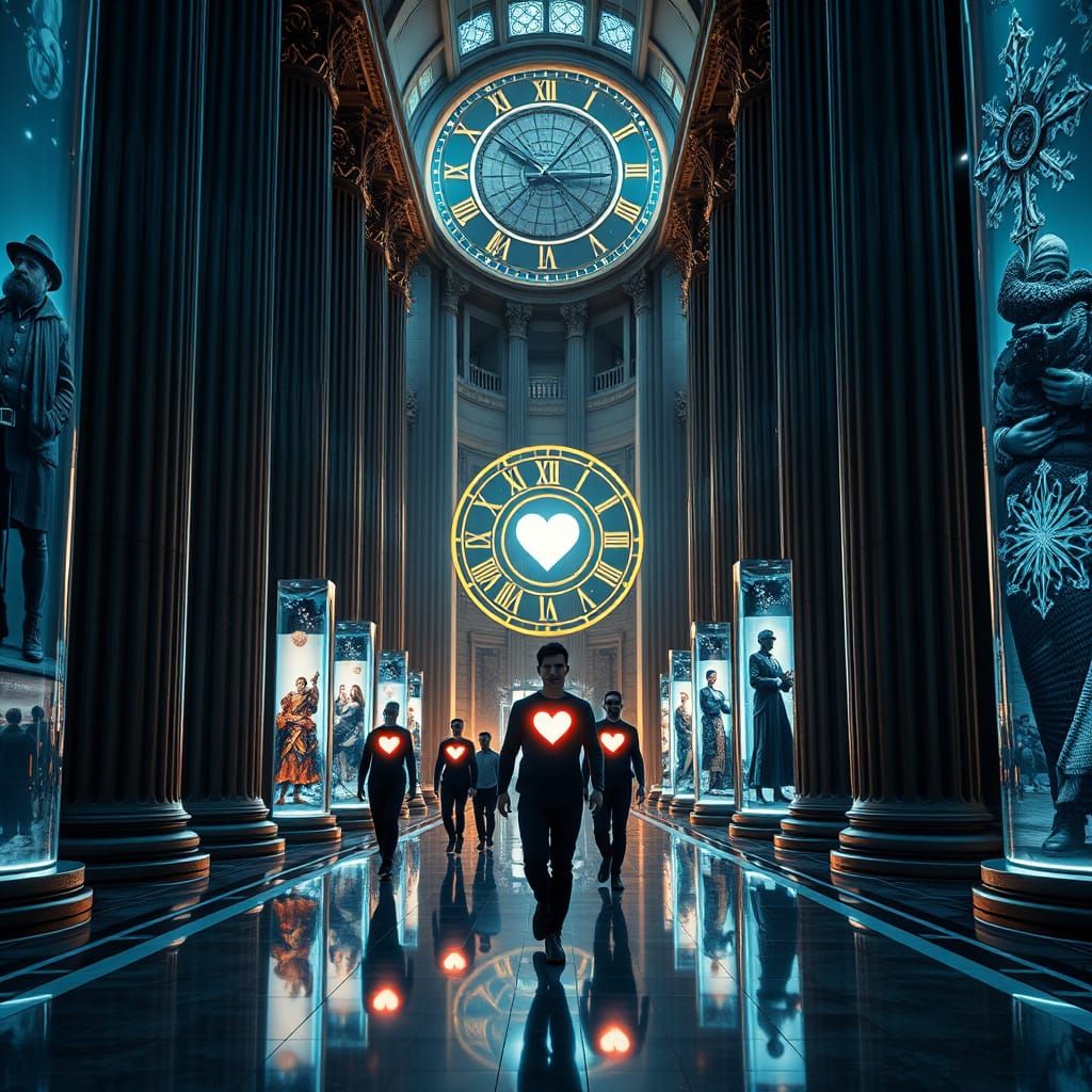 Ethereal Figures in a Futuristic Grand Hall