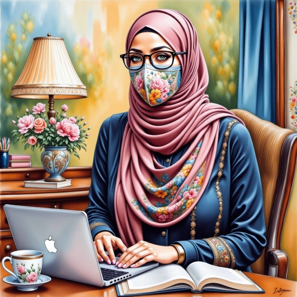 A Dignified Hijabi Woman Works in a Colorful Studio