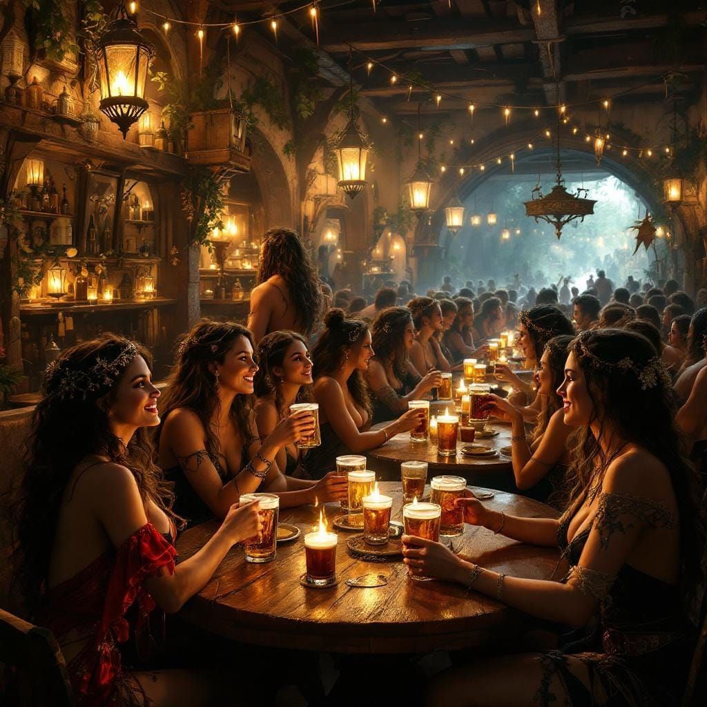 Fantasy Tavern Celebration in Hyper-Realistic Oil Painting S...