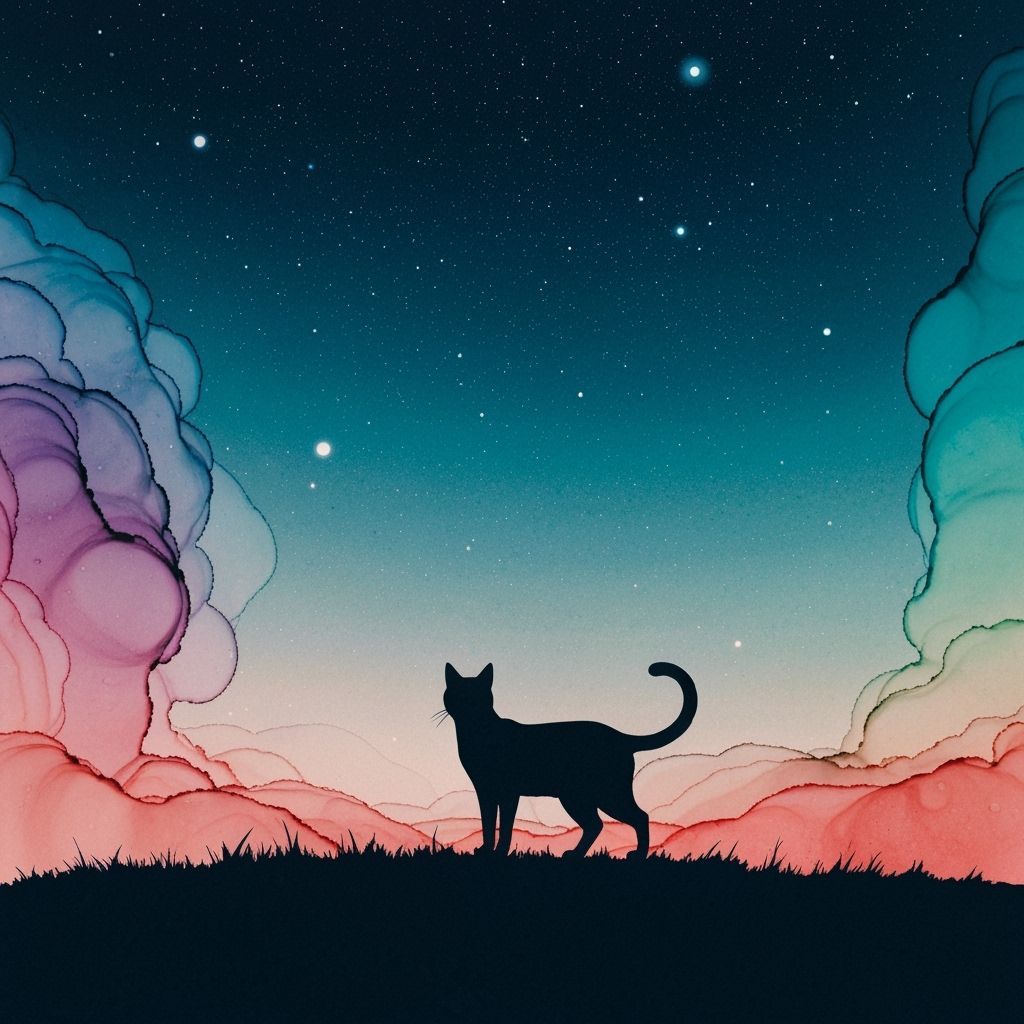 Ancient Cat Silhouetted Against Starry Sky in Alcohol Ink St...
