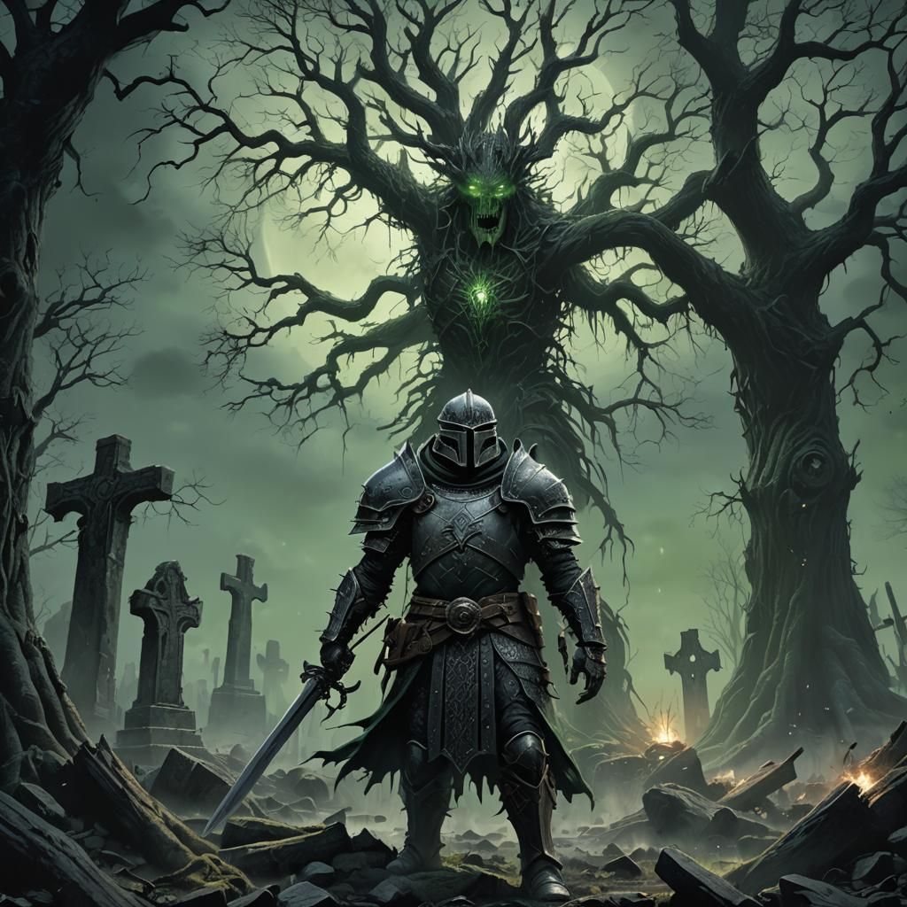 Stitched Warrior in Graveyard: Dark Fantasy Illustration