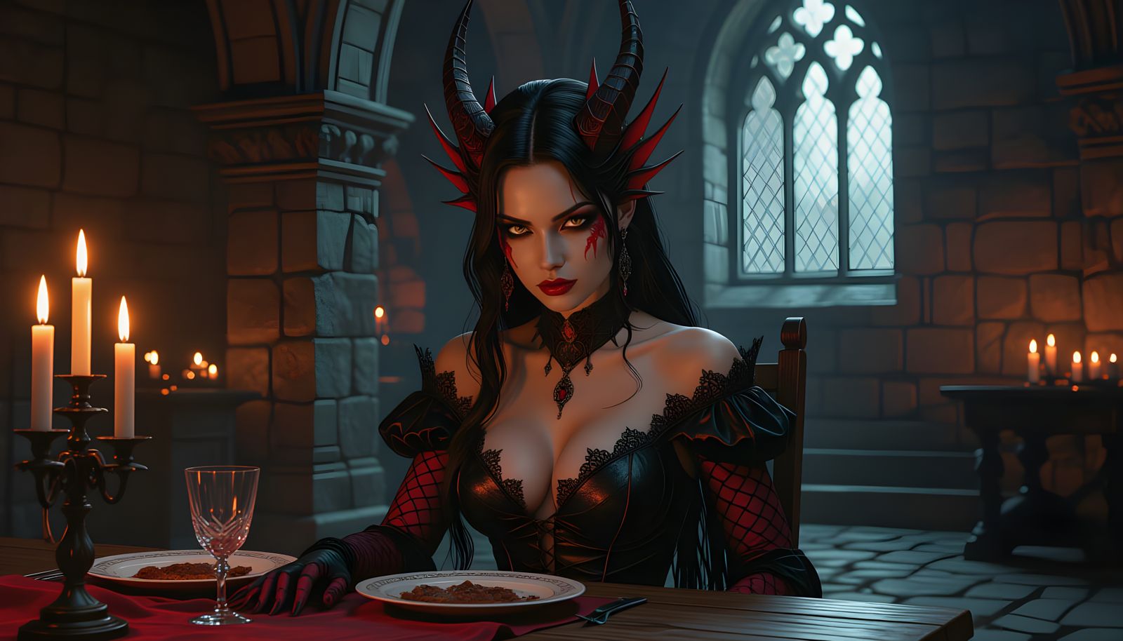 Gothic Castle Interior with Dragon-Woman in Hyperrealism