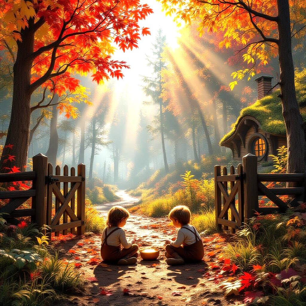 Autumn Woods Scene With Children Playing