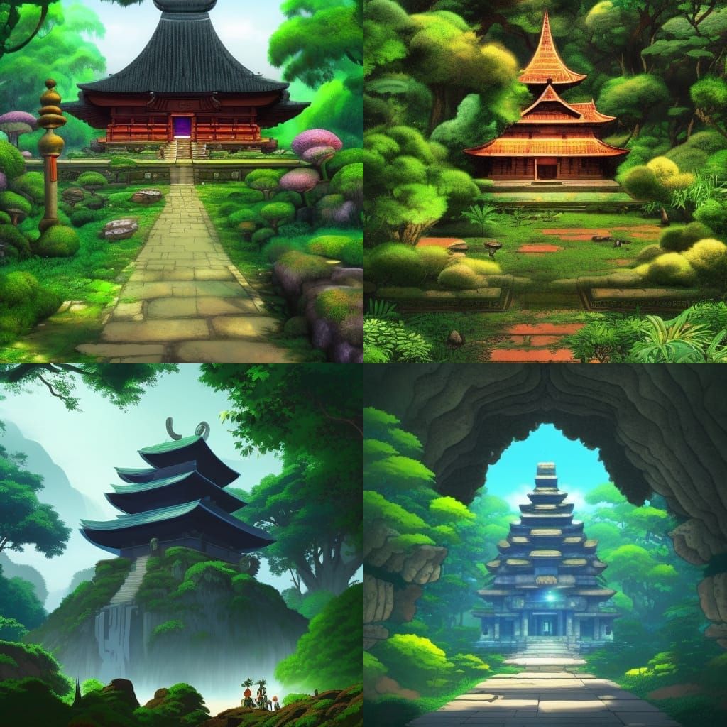 Lush Jungle Temple in Studio Ghibli Anime Style