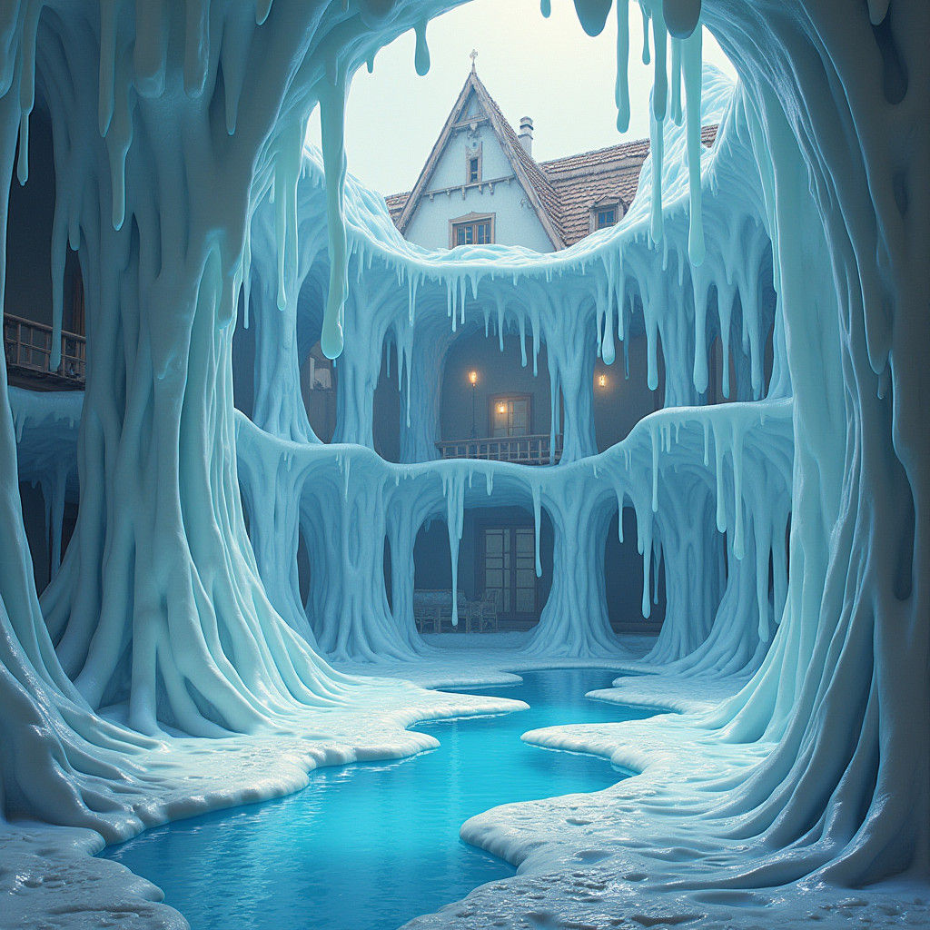 Melting House Behind Molten Glass, Surreal Digital Art