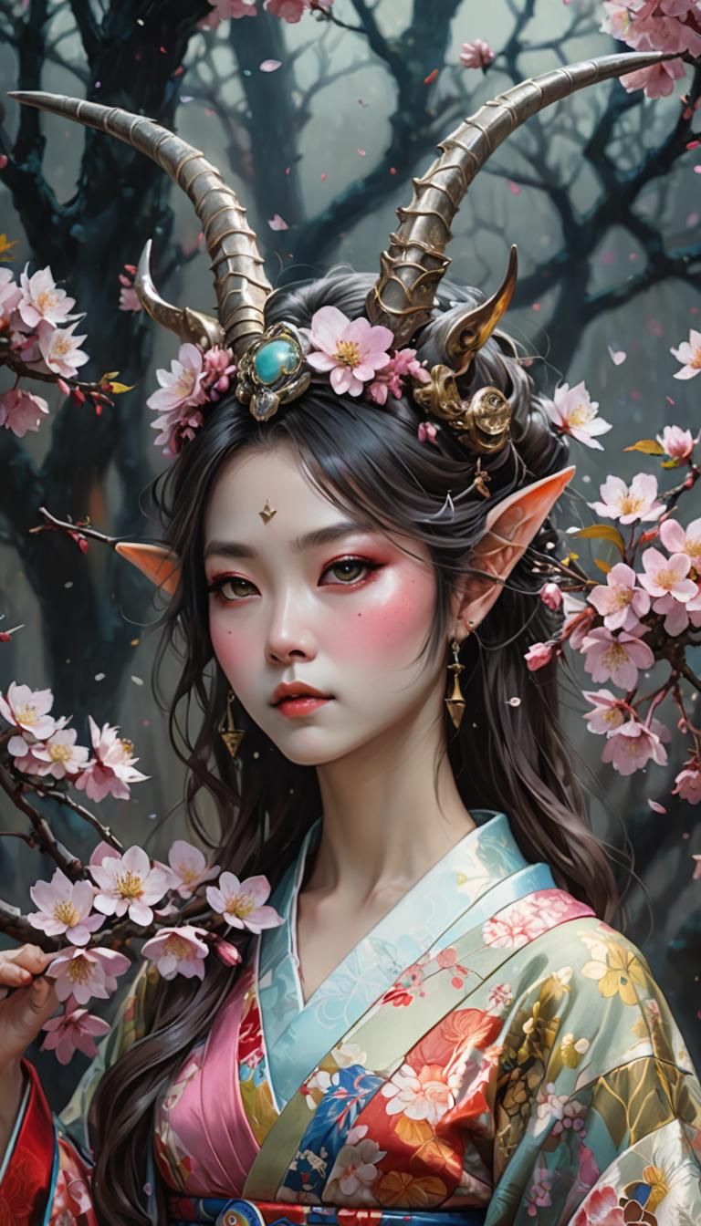 Alien Maiden with Kimono in Detailed Digital Painting