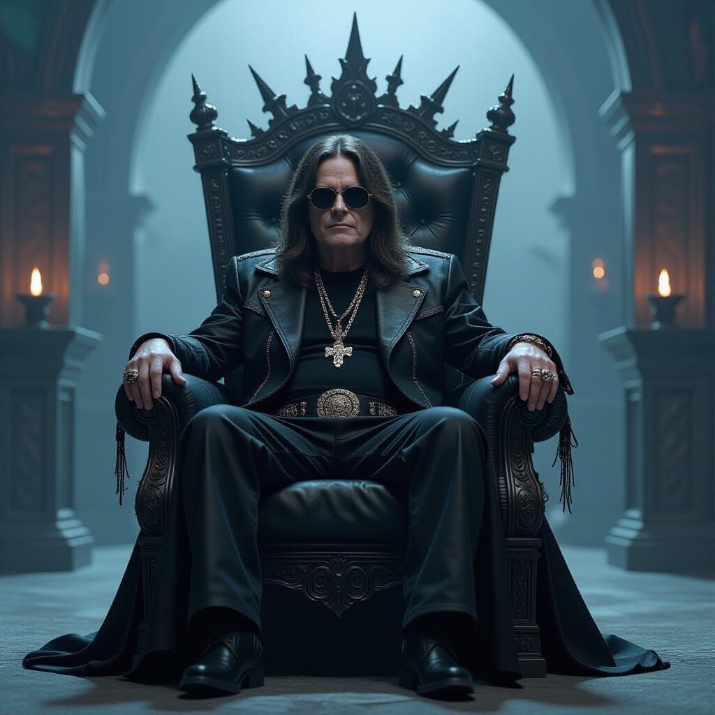 Ozzy Osbourne on Bat Throne in Gothic Cyberpunk Style