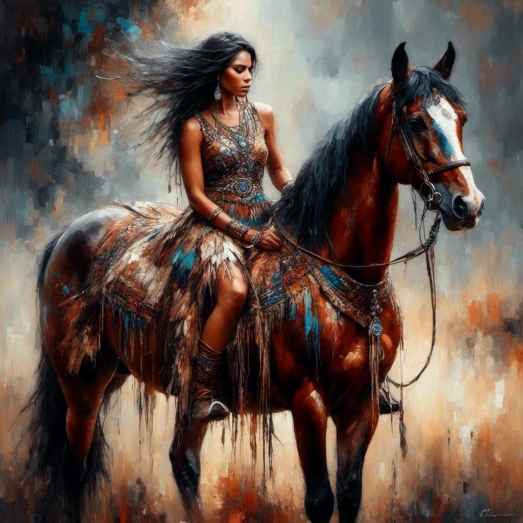 Native American Woman on Horse in Oil and Grunge Style