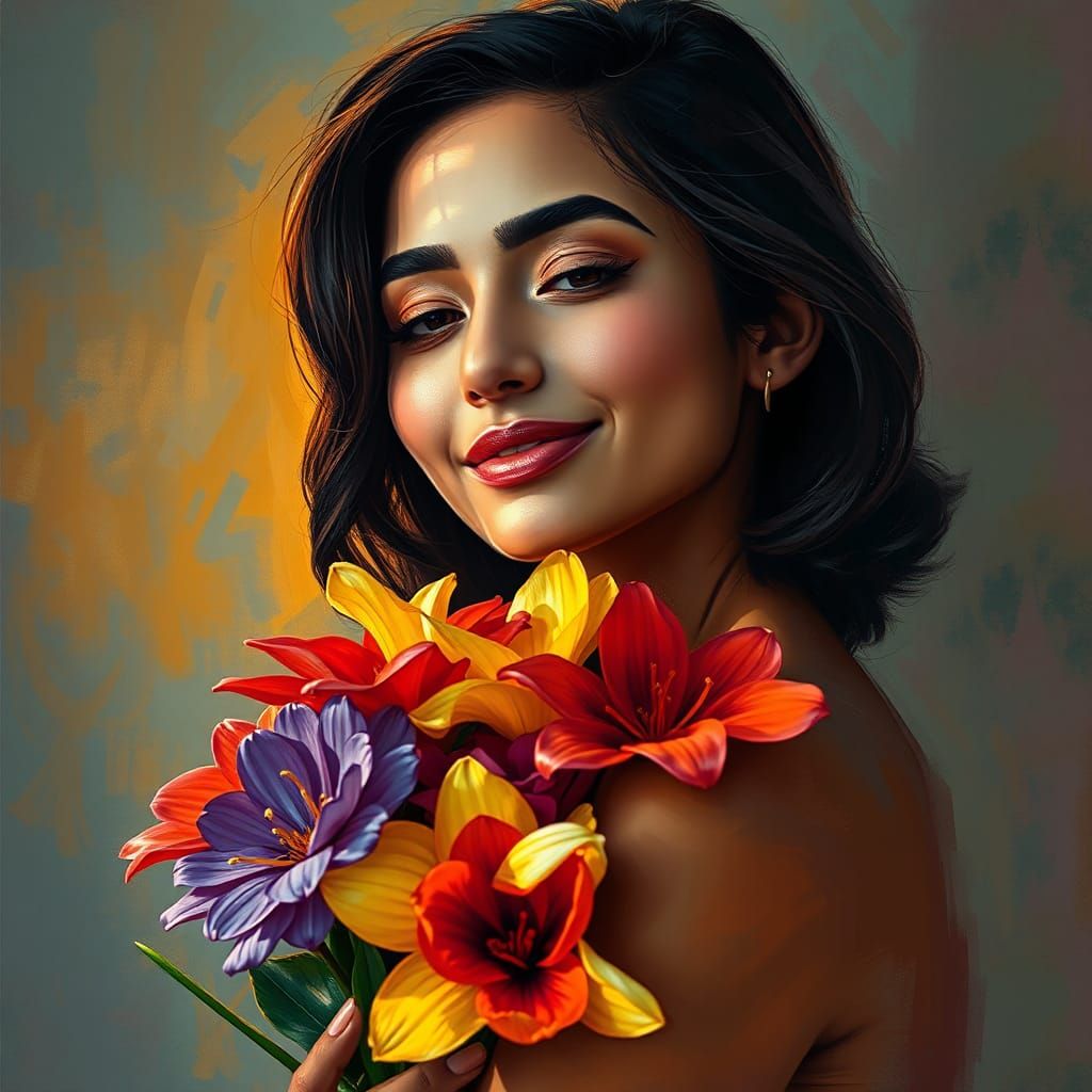 Latina Portrait with Flowers in Modernist Style