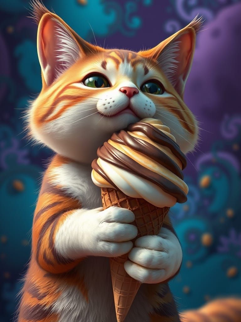 Whimsical Cat Enjoys Rich Chocolate Ice Cream in a Fantastic...