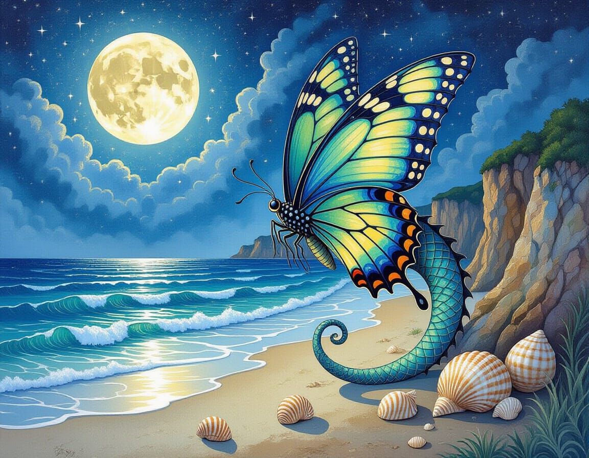 Ethereal Dragon with Butterfly Wings on Moonlit Beach