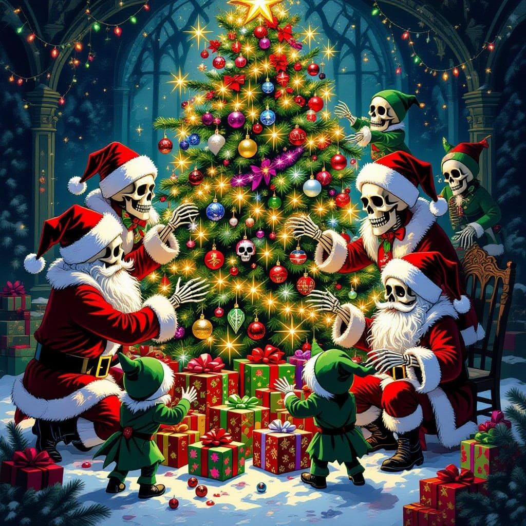 Gothic Christmas Scene: Skeletons Decorate Tree with Gremlin...