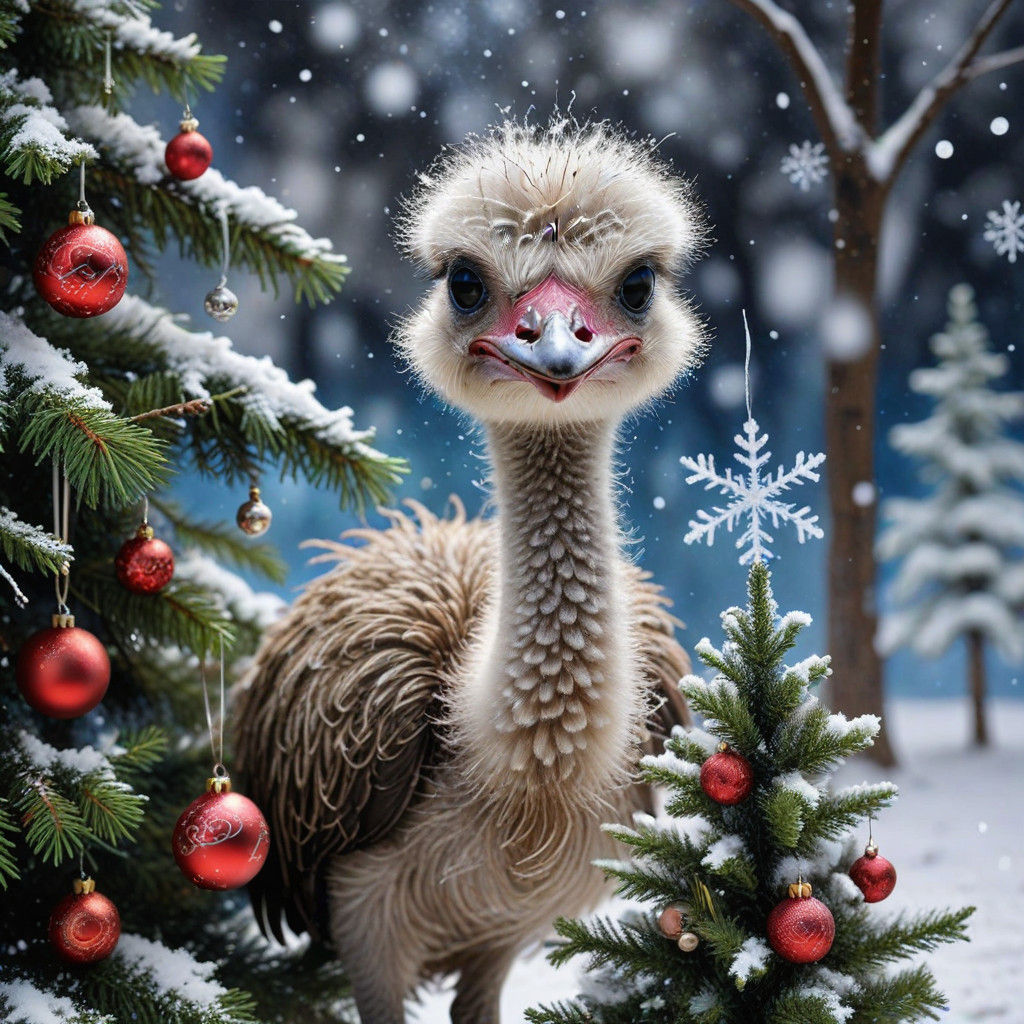 A Merry Ostrich Decorates Christmas Tree in Winter Wonderlan...