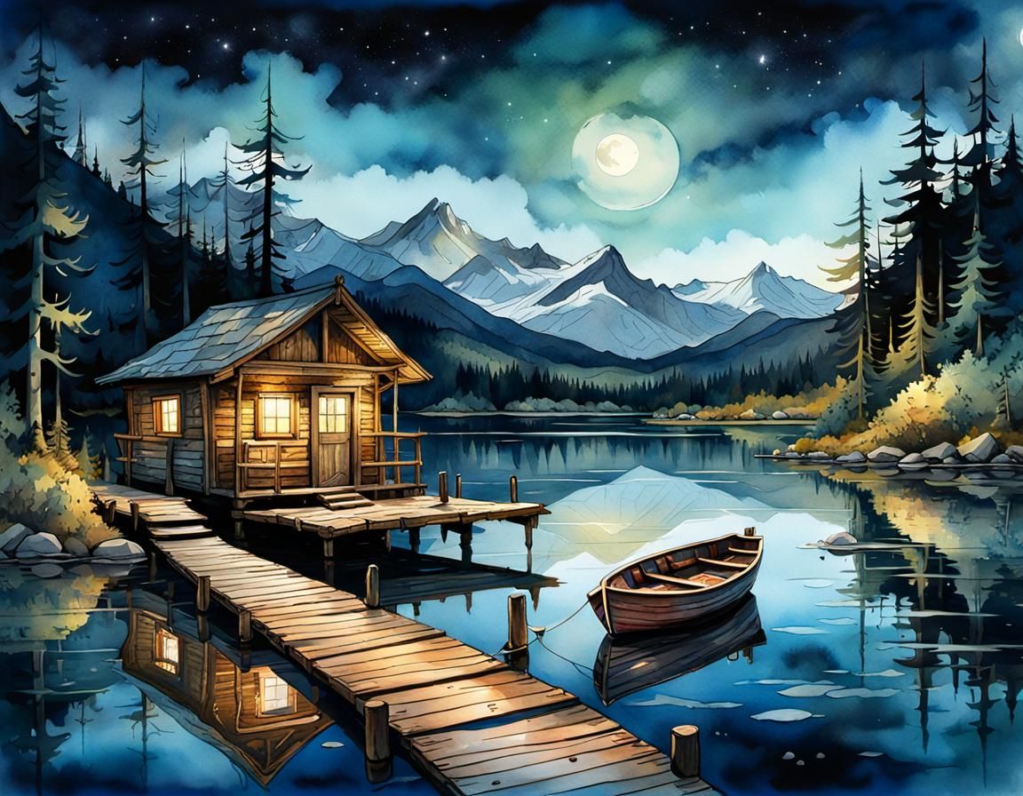 Reflective Lake Cabin in Watercolor Style