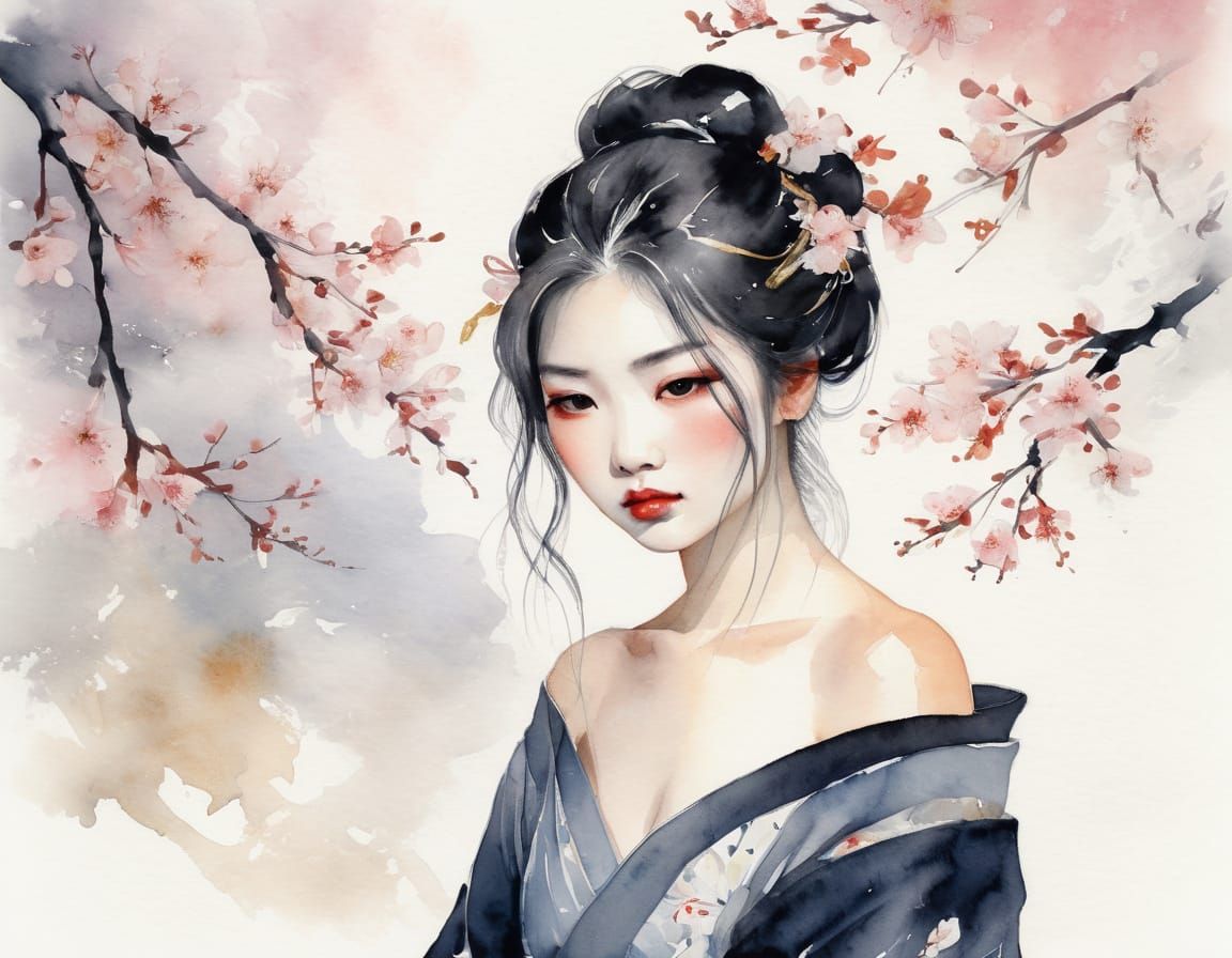 Ethereal Geisha in Floral Black Kimono
