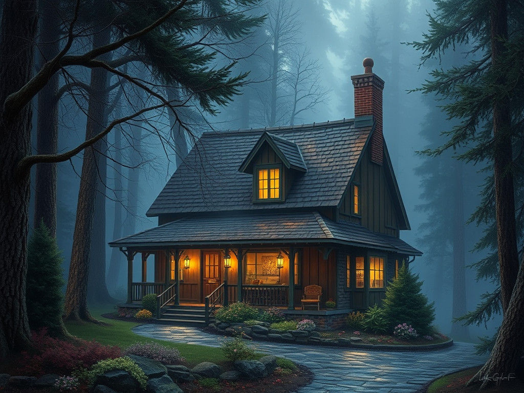 Quaint Forest Cabin in Fog, Kinkade Style