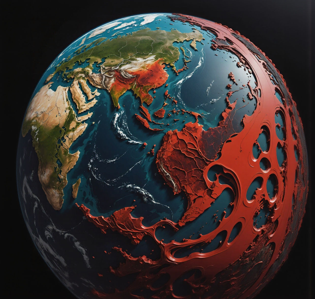 Hyperrealistic Earth with Red Fluid Streams