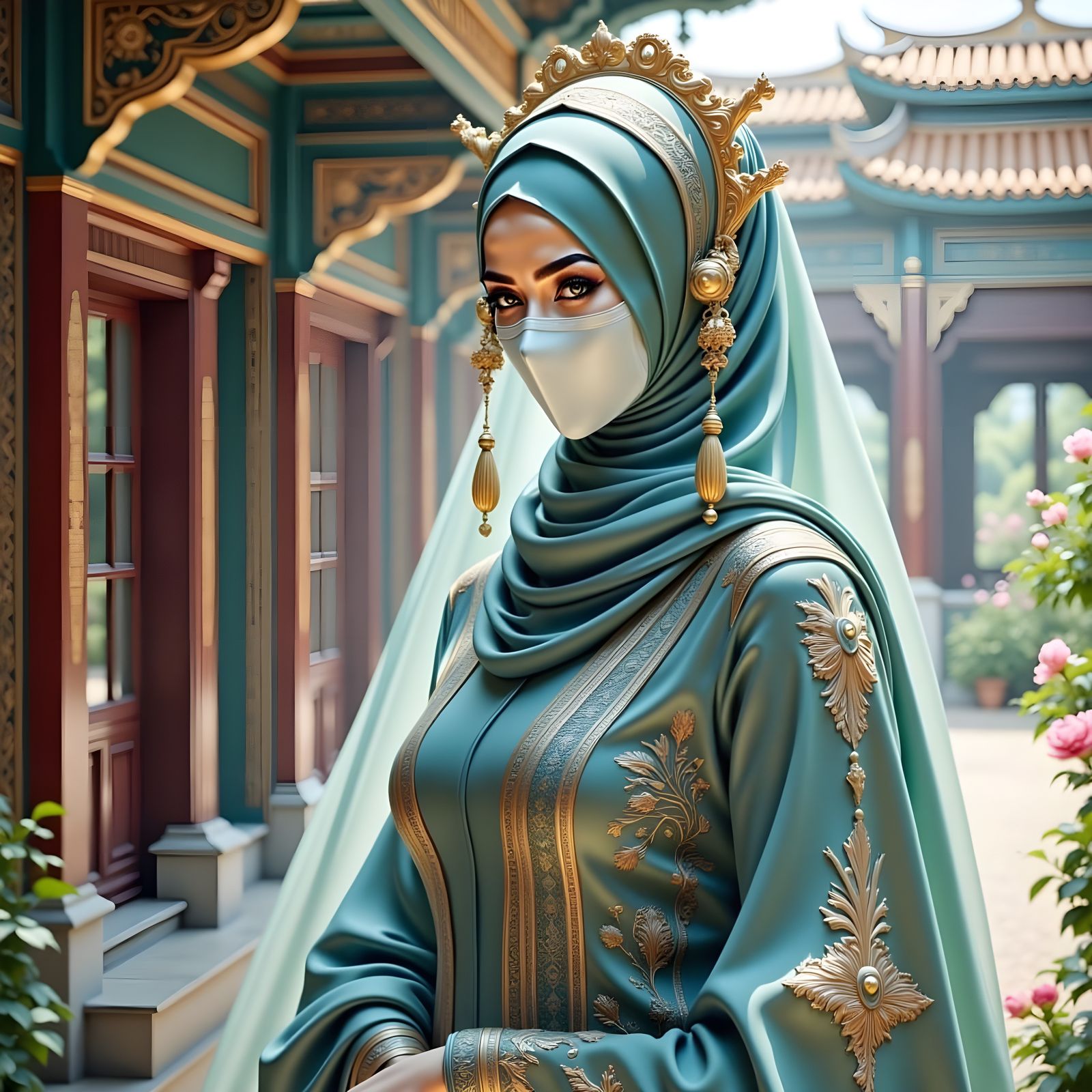 Enchanting Oriental Princess in Blue-Green Gown, Surrounded ...