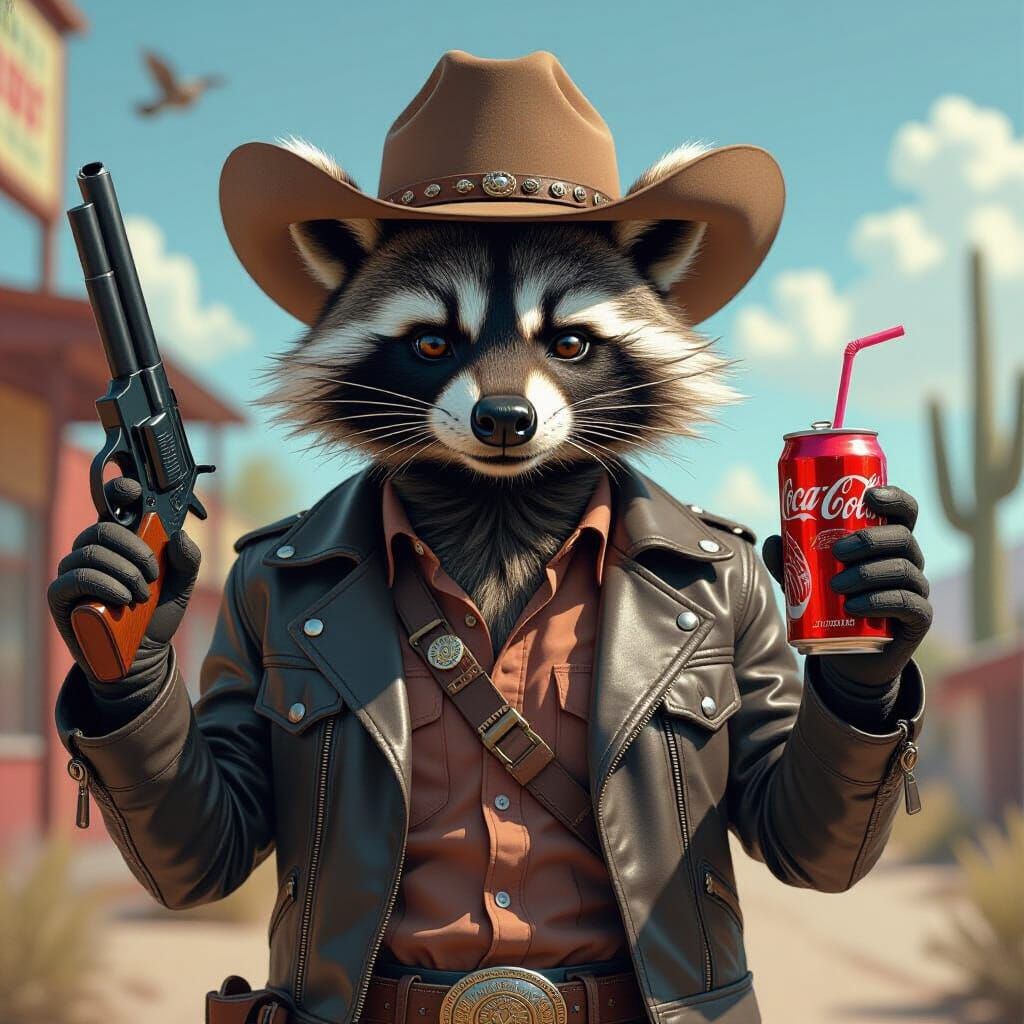 Raccoon Cowboy with Pistol and Diet Coke, Photorealistic Sty...