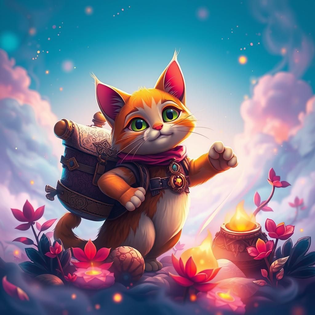 Cartoon Cat Hero in a Magical Landscape