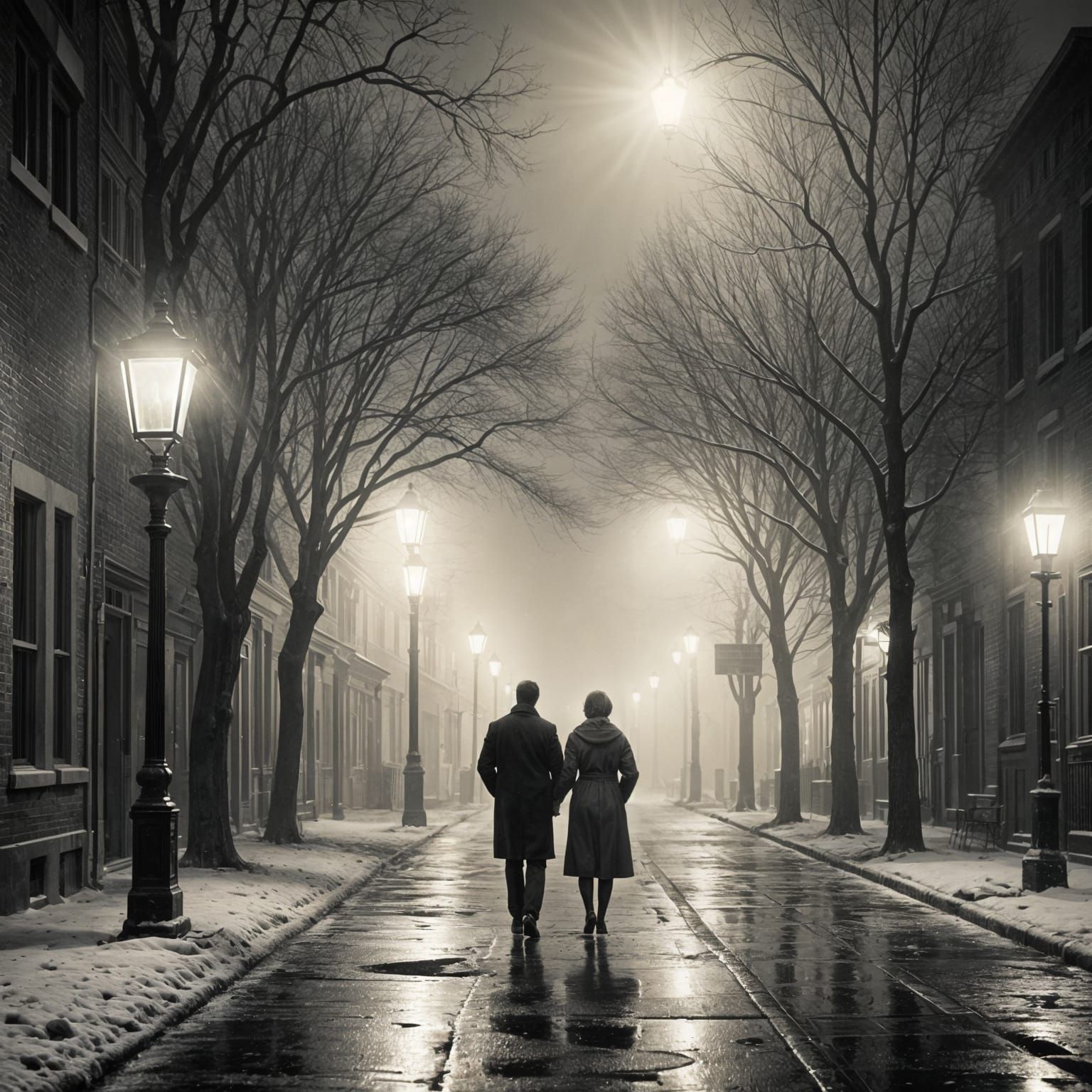 Misty Winter Night: Couple in Vintage Photo