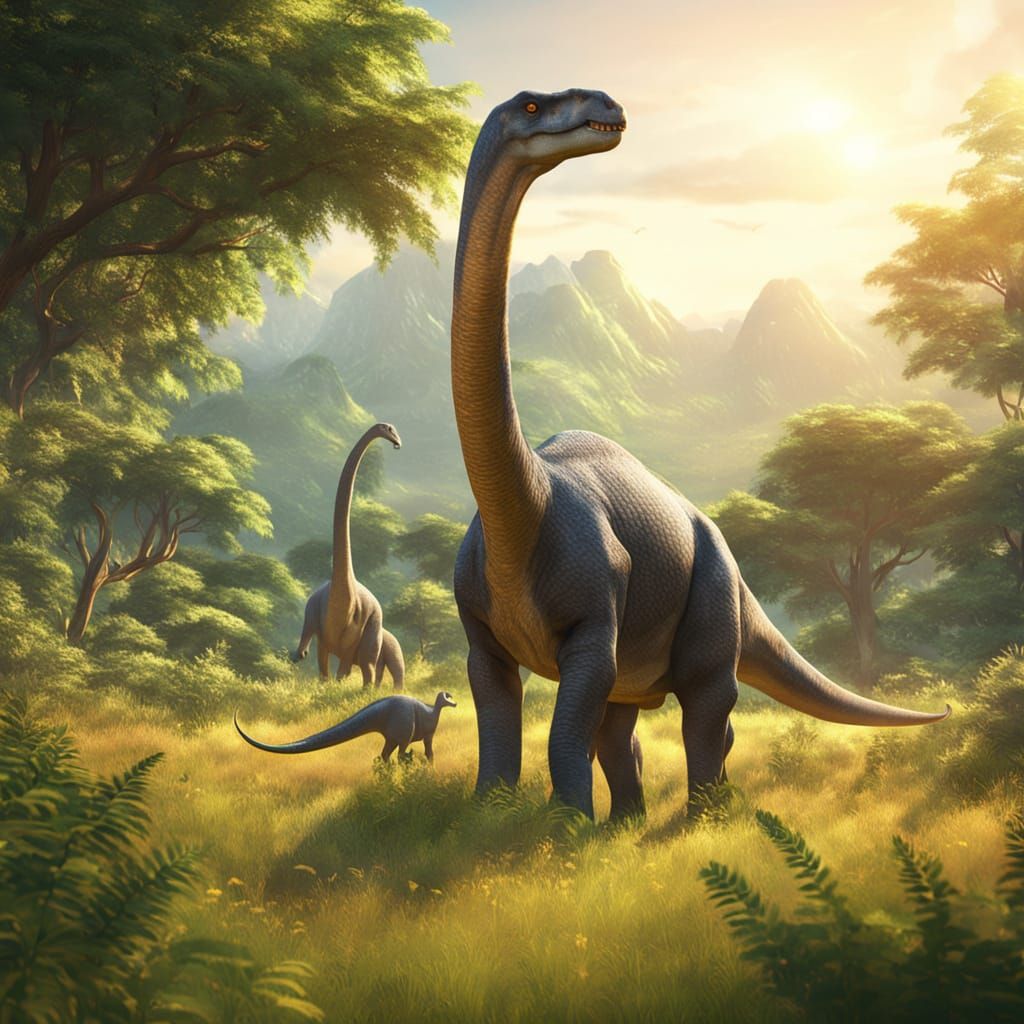 Brachiosaurus in Meadow: Hyper-Realistic Digital Painting