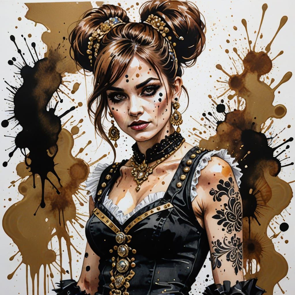 Punk Dancer Portrait with Ink Splatters in Watercolour