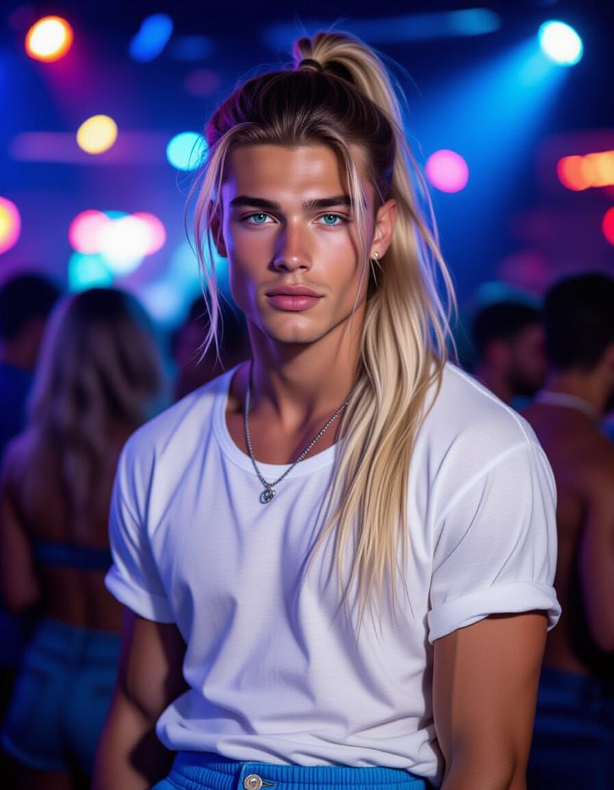 Man with Heterochromia in a Vibrant Nightclub