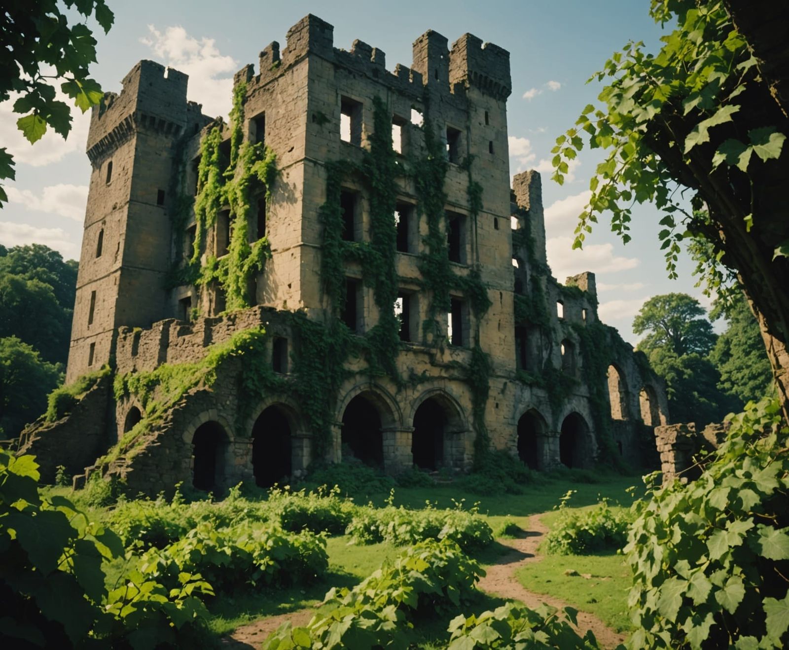 Ruined castle with vines over growing it