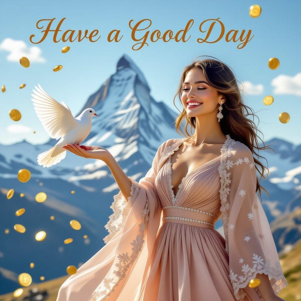 Serenely Abundant Woman Poses with Golden Matterhorn and Pig...