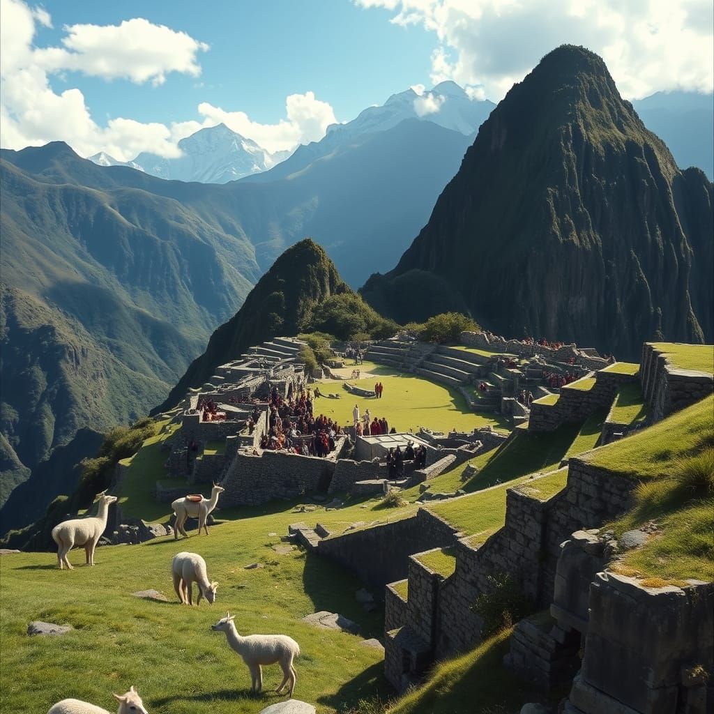Inca City on Mountain Plateau with Priests and Llamas