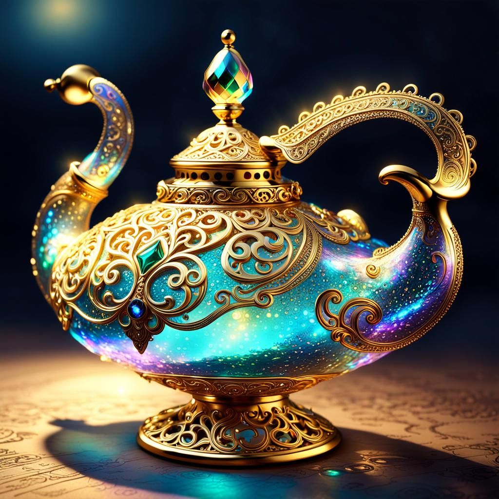 Iridescent Aladdin's Lamp with Golden Filigree
