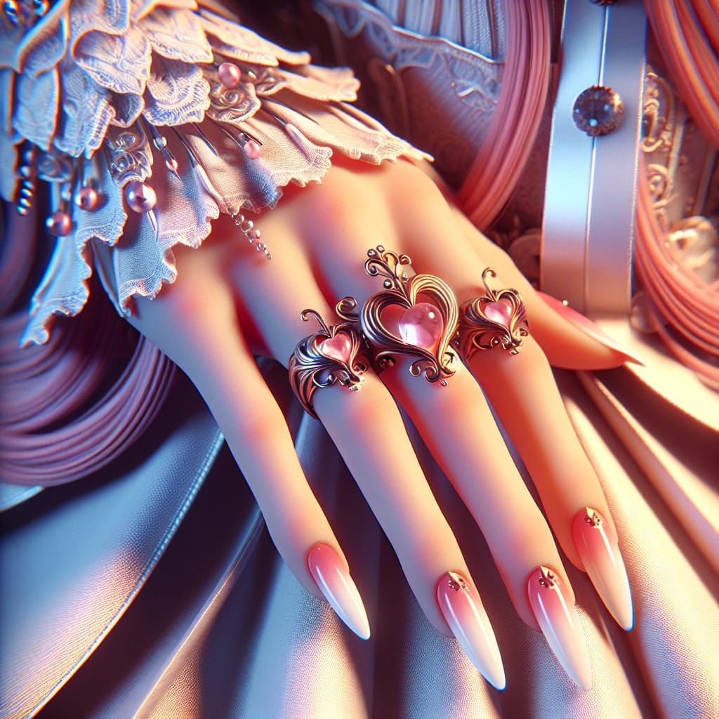 Anime Hand Adorned with Heart Rings in Fantasy Style