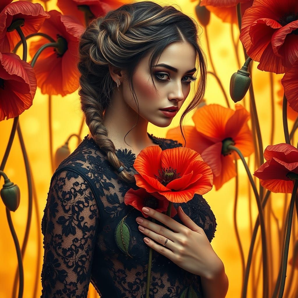Elegant Woman Amidst a Tapestry of Poppies in Vibrant Colors