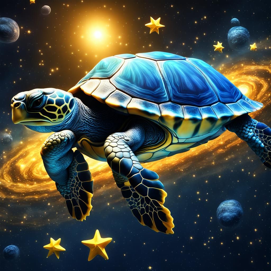 Blue Turtle Floating in Starry Outer Space