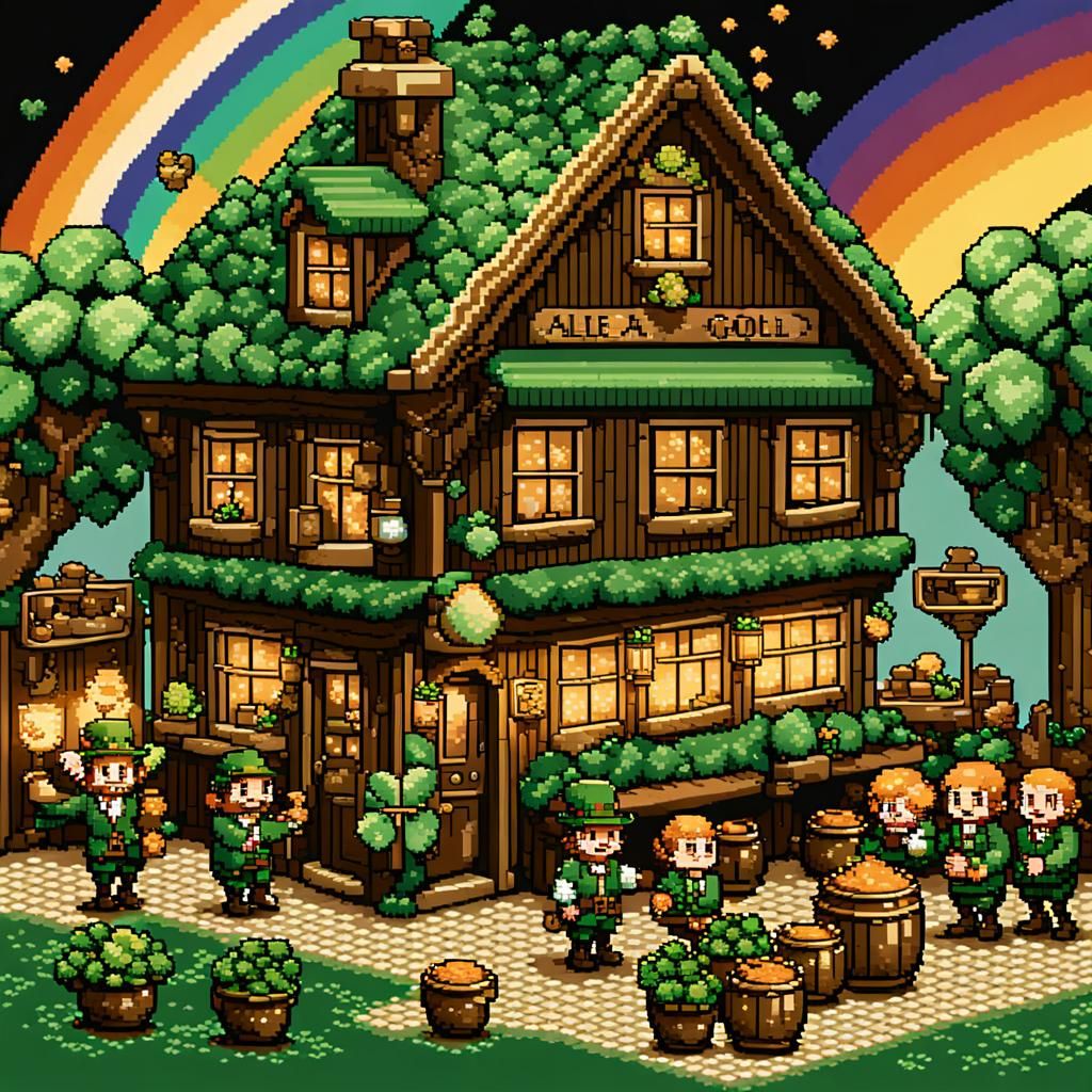 Magical Leprechauns Celebrate in Pixel Art Pub