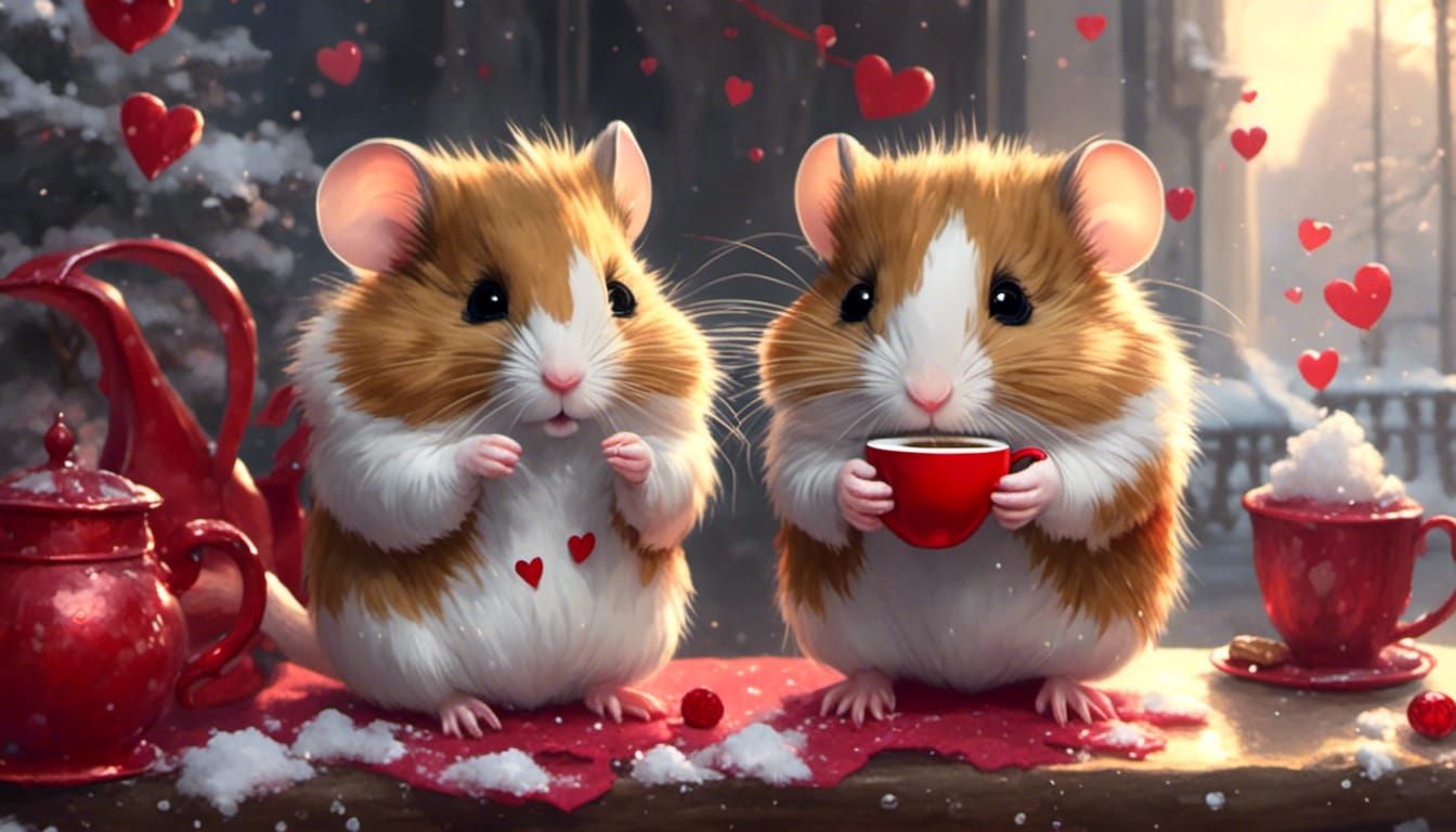<lora:mouse:1.0> cute hamster with coffee steaming valentine,snowy day