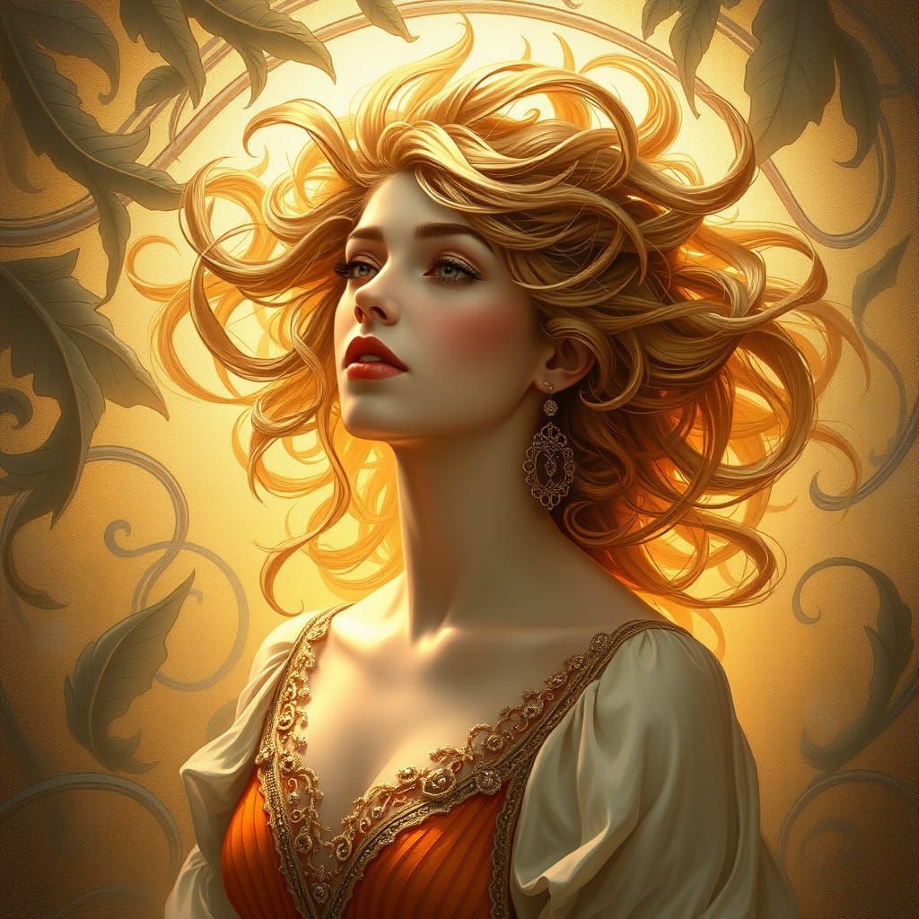 Elegant Woman in Art Nouveau Realism with Lush Patterns