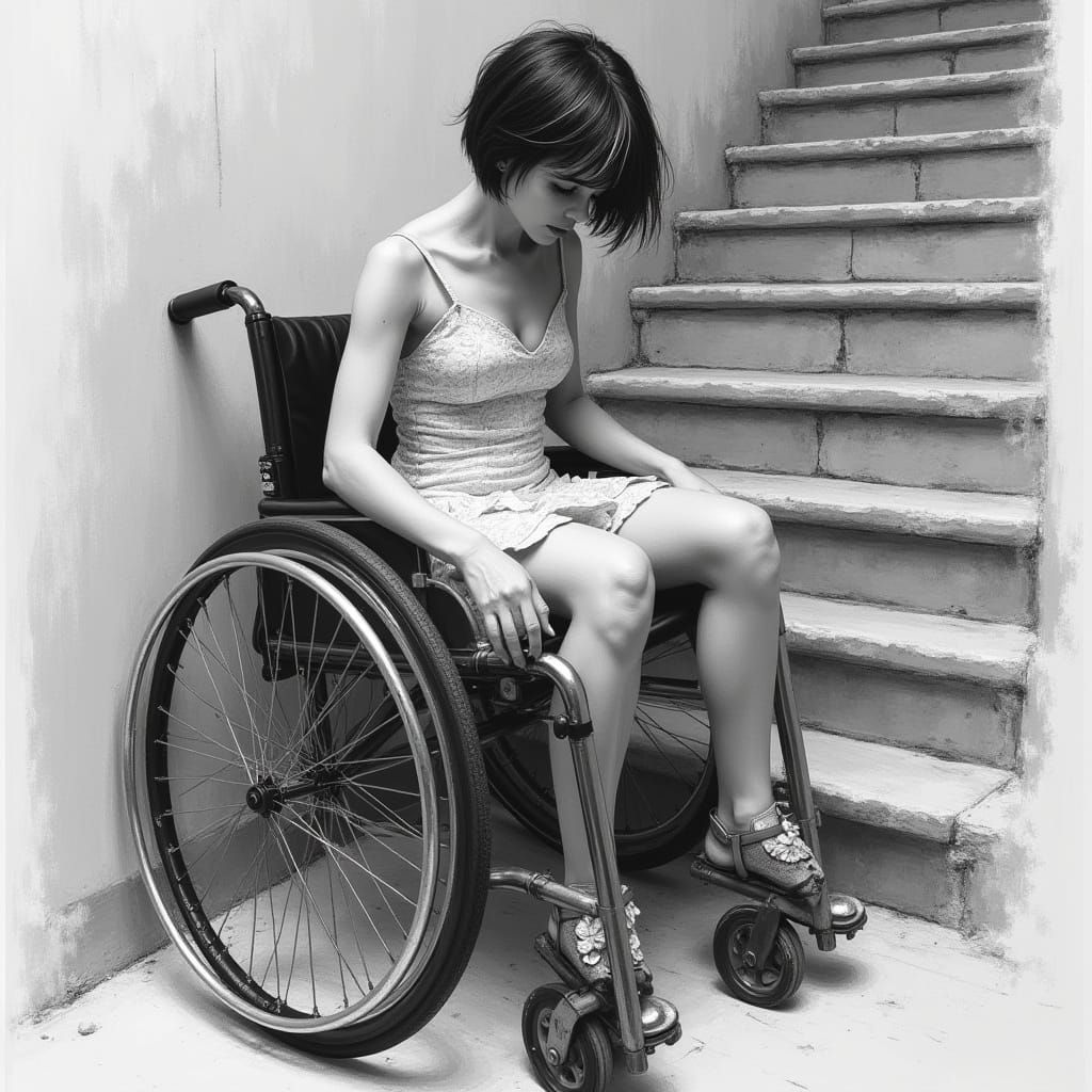 Frustrated Woman in Wheelchair: Charcoal Sketch