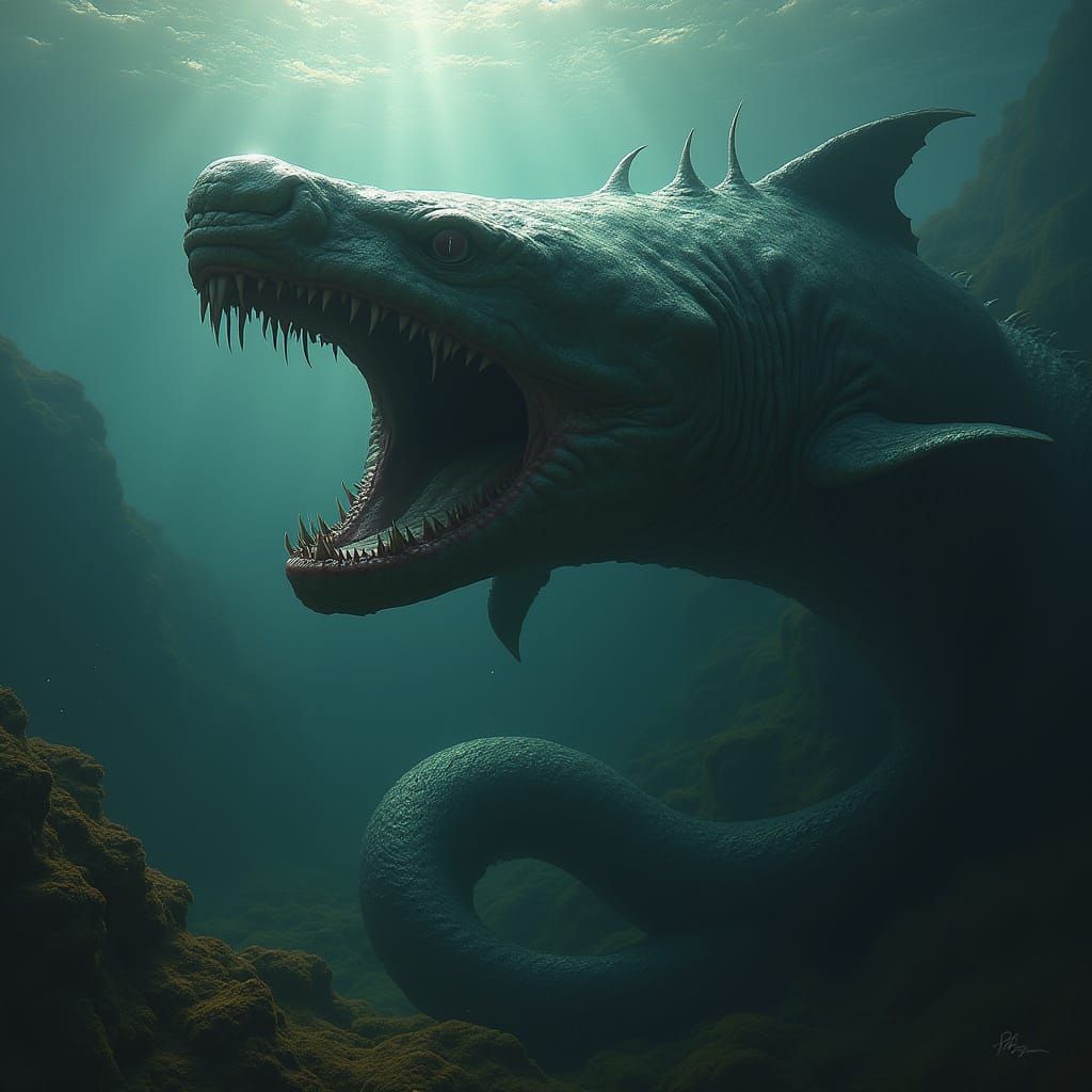 Biomechanical Serpent Shark Creature Emerges from Dark Aquat...