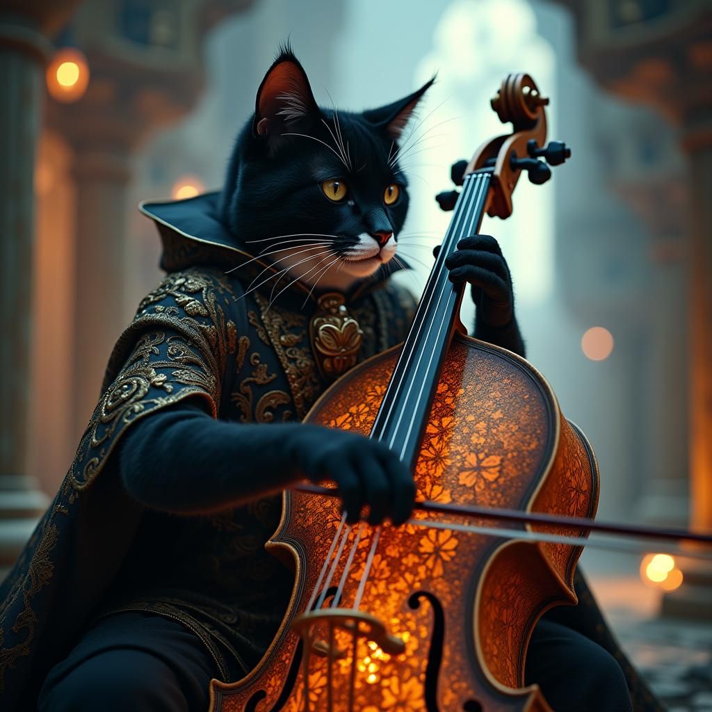 Mystical Cat Plays Cello in Surreal Landscape