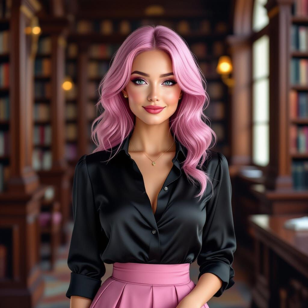 Whimsical Portrait of a Pink-Haired Woman in Library