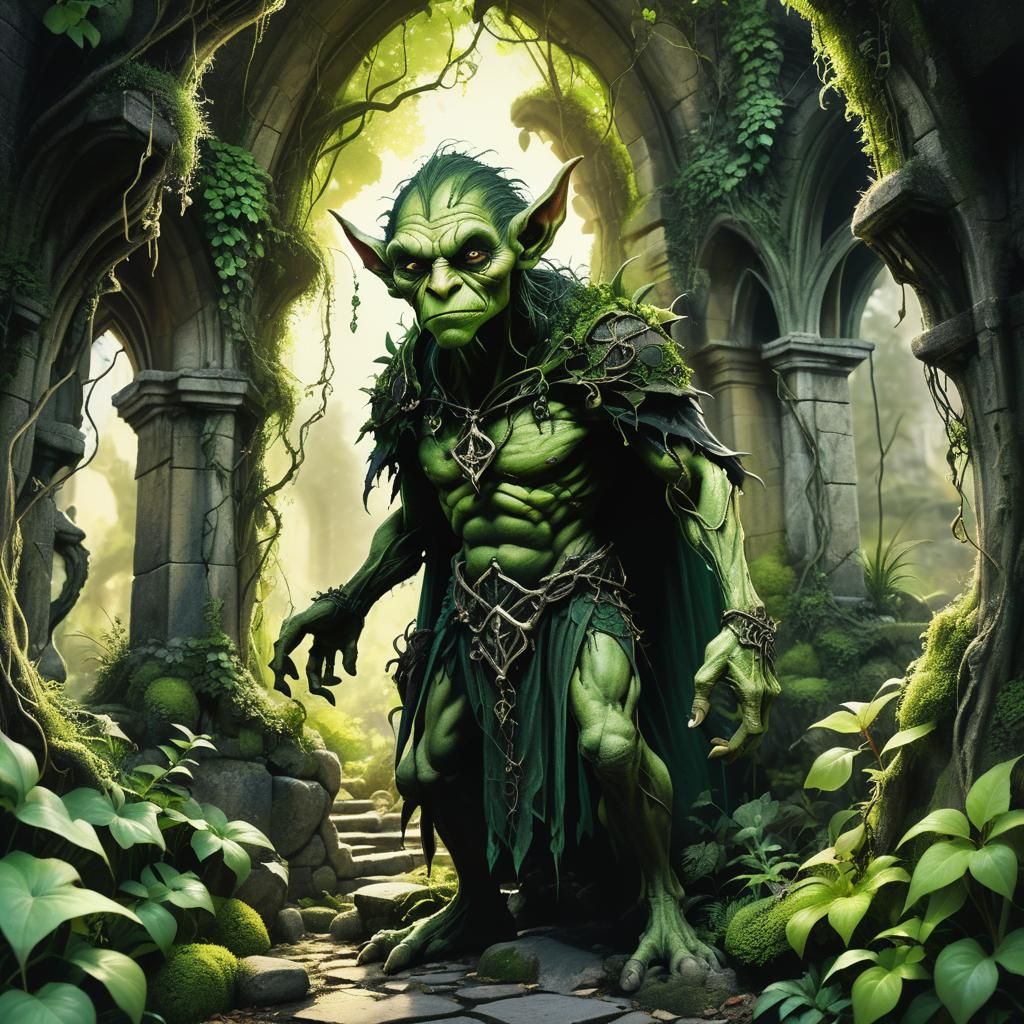 Gothic Goblin in Mystical Garden: Fantasy Illustration