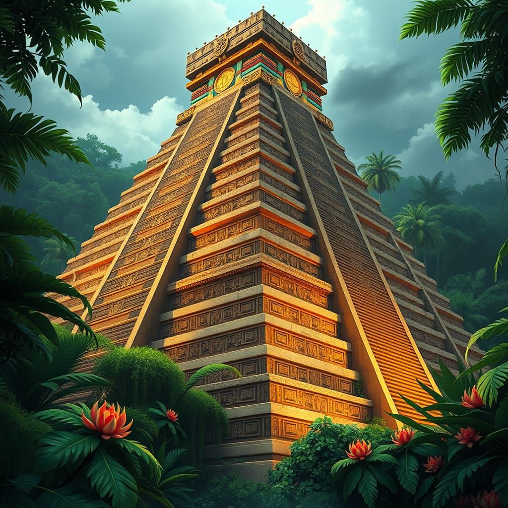 Ancient Mesoamerican Pyramid in Vibrant Jungle Landscape