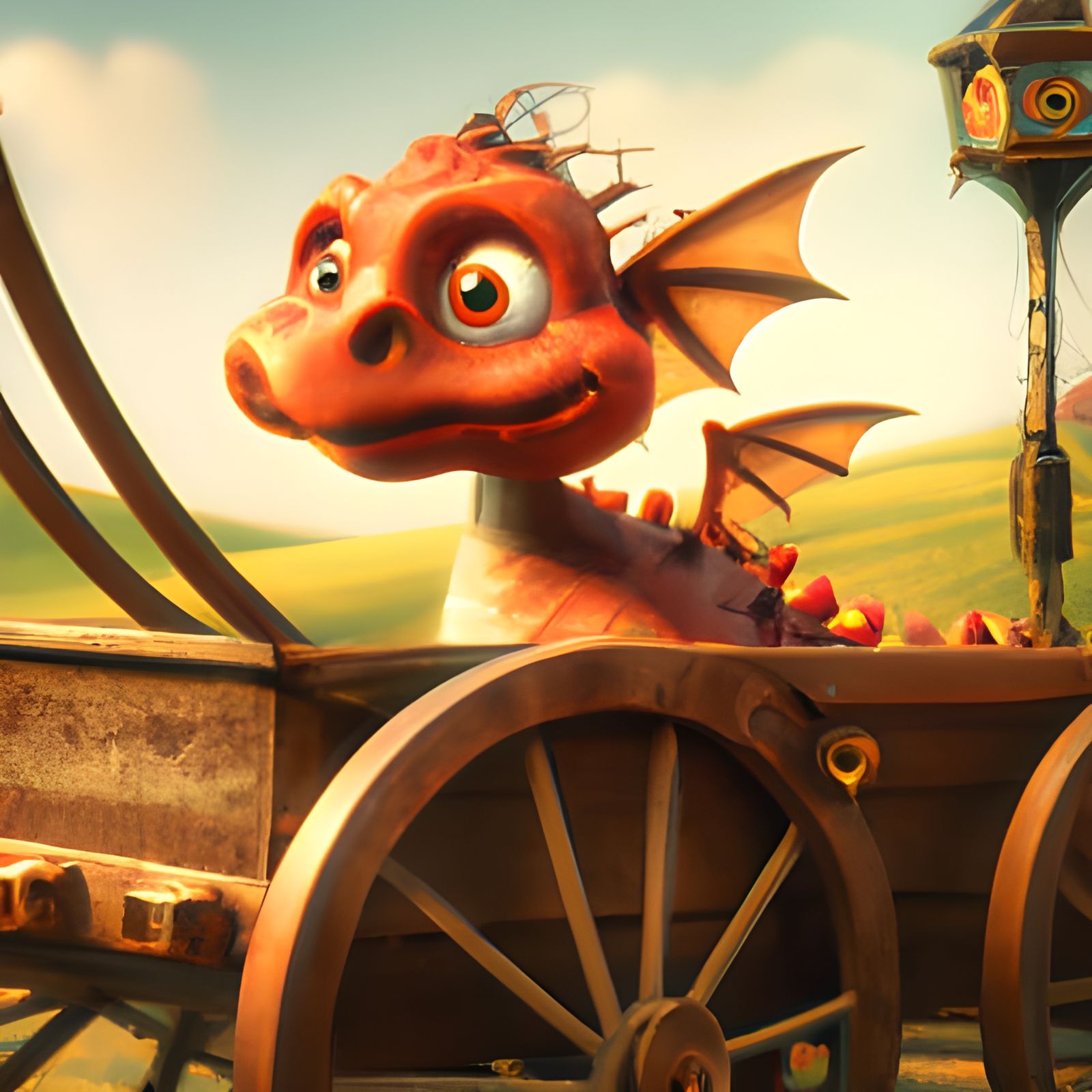 Adorable Baby Dragon in Wagon, 3D Rendered