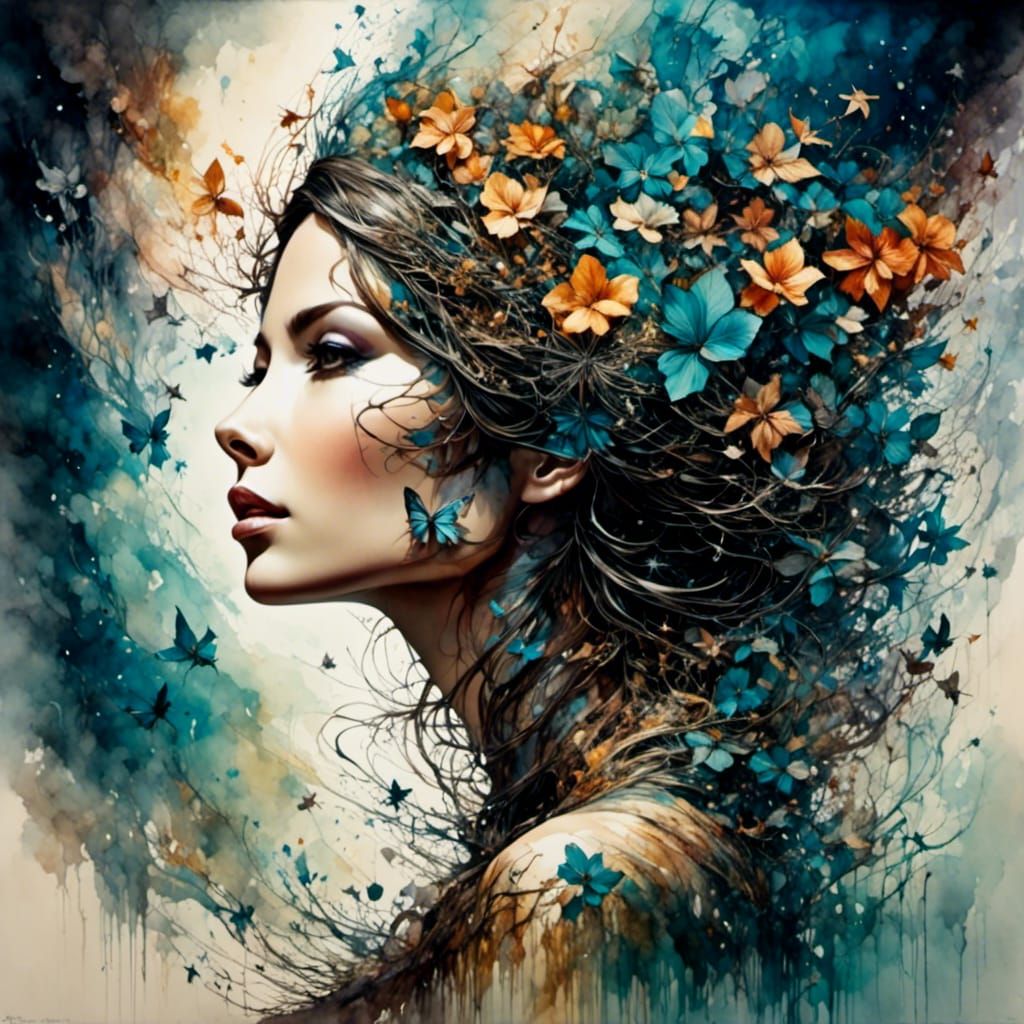 Cosmic Ink Art: Double Exposure Brunette Portrait