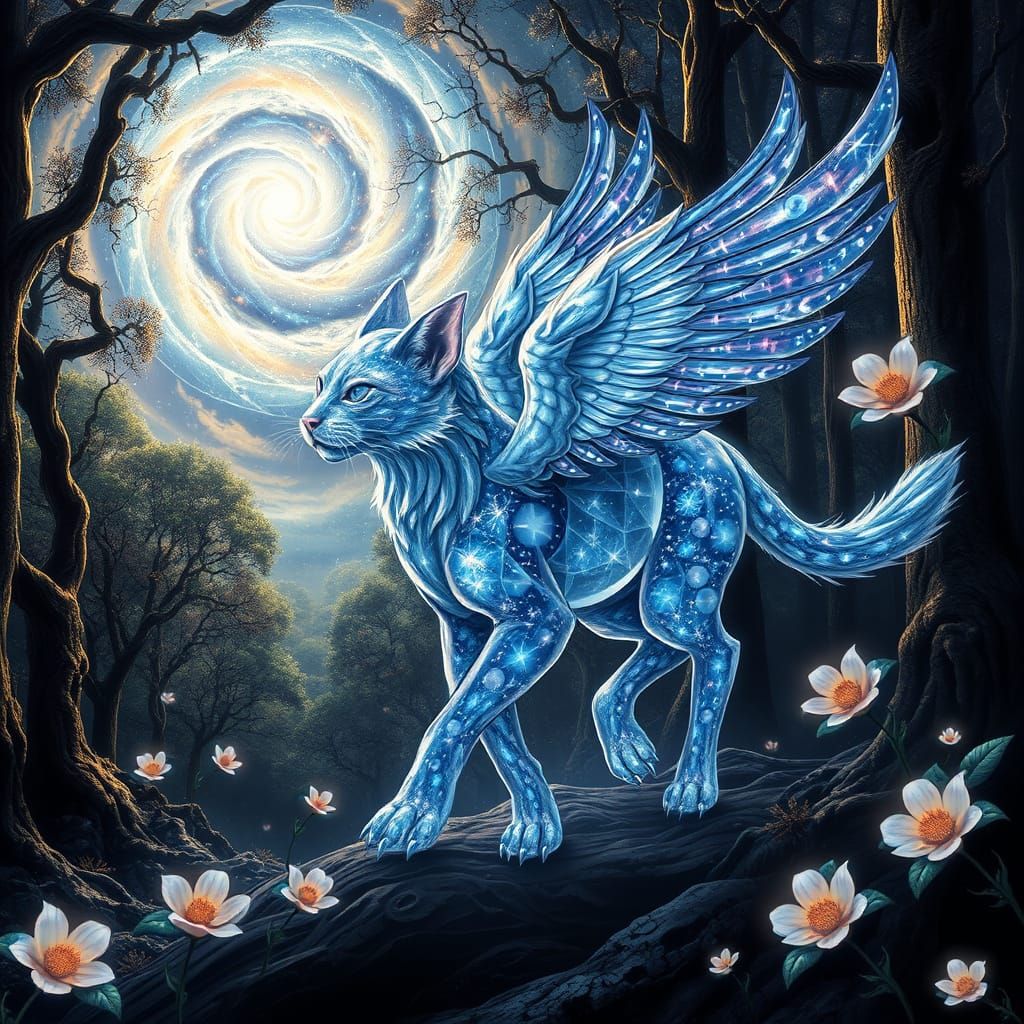 Crystalline Winged Feline in Surreal Galaxy Forest