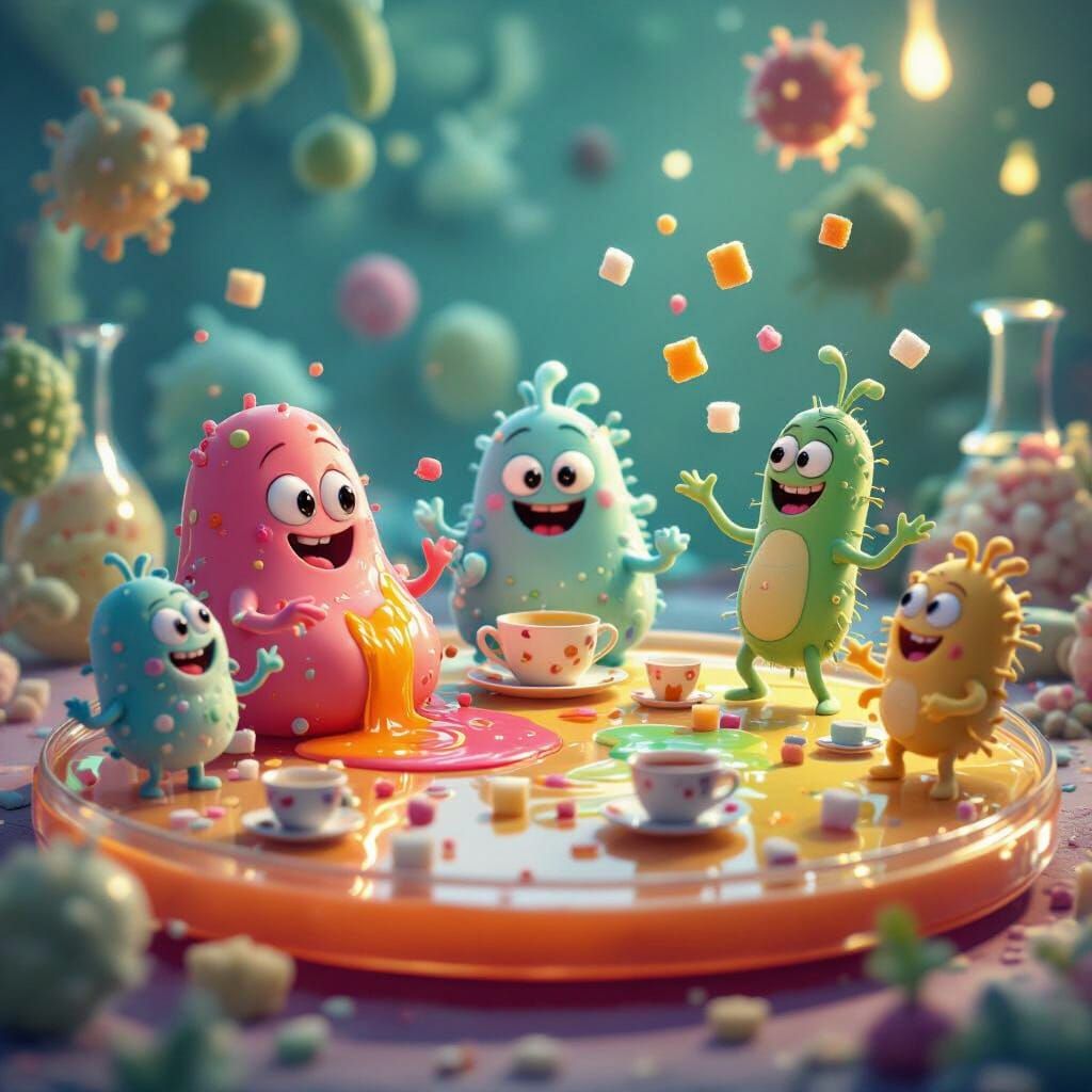 Anthropomorphic Microbes Chaotic Tea Party on Petri Dish