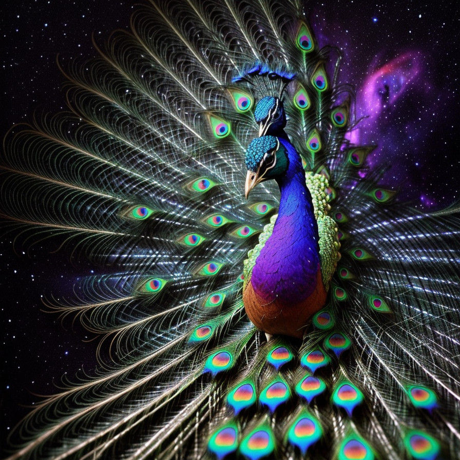 Surrealist Cosmic Peacock in Ethereal Garden